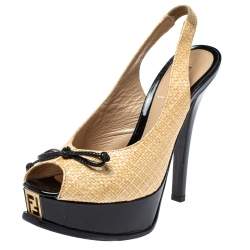 Pre Owned Fendi Beige/Black Raffia And Patent Leather Peep Toe Slingback Pumps Size 37