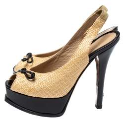 Pre Owned Fendi Beige/Black Raffia And Patent Leather Peep Toe Slingback Pumps Size 37