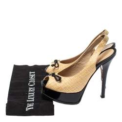 Pre Owned Fendi Beige/Black Raffia And Patent Leather Peep Toe Slingback Pumps Size 37