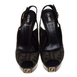 Pre Owned Fendi Tobacco Zucca Canvas FF Slingback  Sandals Size 38.5