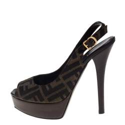 Pre Owned Fendi Tobacco Zucca Canvas FF Slingback  Sandals Size 38.5