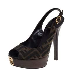 Pre Owned Fendi Tobacco Zucca Canvas FF Slingback  Sandals Size 38.5