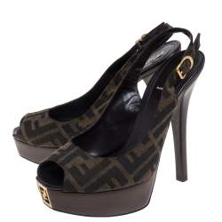 Pre Owned Fendi Tobacco Zucca Canvas FF Slingback  Sandals Size 38.5