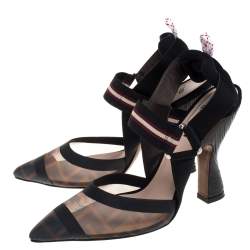 Pre Owned Fendi Black/Brown Mesh And Leather Colibri Slingback Pumps Size 37