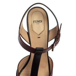 Fendi Black/Brown  Lizard Embossed And  Leather T Strap Platform Sandals Size 41