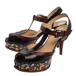 Fendi Black/Brown  Lizard Embossed And  Leather T Strap Platform Sandals Size 41