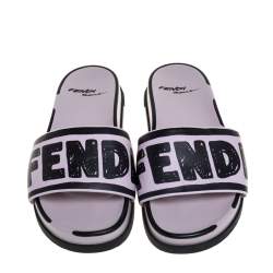 Pre Owned Fendi Pink/Black Logo Print Leather Flat Slides Size 39