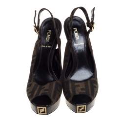 Pre Owned Fendi Tobacco Zucca Canvas Fendista Platform Slingback Sandals Size 37