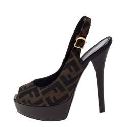 Pre Owned Fendi Tobacco Zucca Canvas Fendista Platform Slingback Sandals Size 37