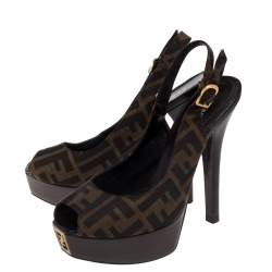 Pre Owned Fendi Tobacco Zucca Canvas Fendista Platform Slingback Sandals Size 37