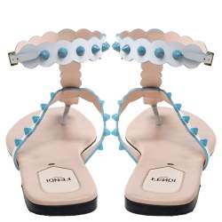 Pre Owned Fendi White Leather Studded Thong Flat Sandals Size 39