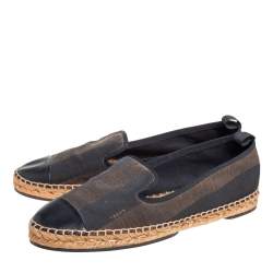 Pre Owned Fendi Black/Brown Canvas and Leather Cap Toe Espadrilles Flats 41