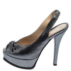 Pre Owned Fendi Grey Fabric Fendista Bow Peep Toe Slingback Platform Pumps Size 38.5