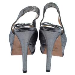 Pre Owned Fendi Grey Fabric Fendista Bow Peep Toe Slingback Platform Pumps Size 38.5
