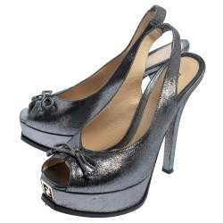 Pre Owned Fendi Grey Fabric Fendista Bow Peep Toe Slingback Platform Pumps Size 38.5