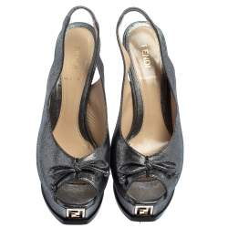 Pre Owned Fendi Grey Fabric Fendista Bow Peep Toe Slingback Platform Pumps Size 38.5