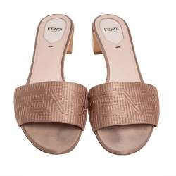 Pre Owned Fendi Beige Satin Logo Embroidered Block Heel Slide Mules Size 39