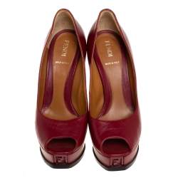 Pre Owned Fendi Maroon Leather Fendista Peep Toe Platform Pumps Size 37.5