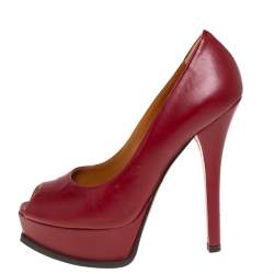 Pre Owned Fendi Maroon Leather Fendista Peep Toe Platform Pumps Size 37.5