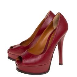 Pre Owned Fendi Maroon Leather Fendista Peep Toe Platform Pumps Size 37.5
