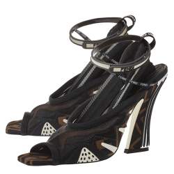 Fendi Multicolor Mesh And Canvas Ankle Wrap Sandals Size 37.5