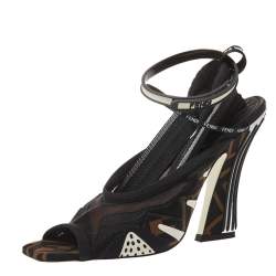 Fendi Multicolor Mesh And Canvas Ankle Wrap Sandals Size 37.5