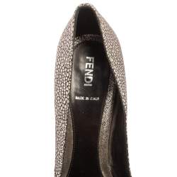 Fendi Silver Brocade Fabric and Textured Leather Deco Bow Peep Toe Platform Pumps Size 38