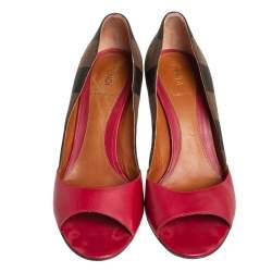 Pre Owned Fendi Red Stripe Canvas And Leather Open Toe Pumps Size 39