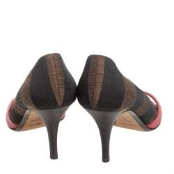 Pre Owned Fendi Red Stripe Canvas And Leather Open Toe Pumps Size 39