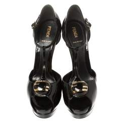 Pre Owned Fendi Black Patent Leather T Strap Peep Toe Platform Sandals Size 38.5