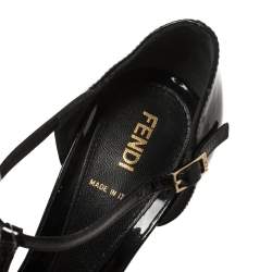 Pre Owned Fendi Black Patent Leather T Strap Peep Toe Platform Sandals Size 38.5