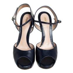 Pre Owned Fendi Blue Leather Zucchino Platform Sandals Size 38