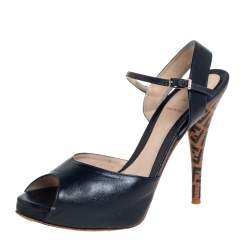 Pre Owned Fendi Blue Leather Zucchino Platform Sandals Size 38