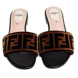 Pre Owned Fendi Brown Zucca Velvet Flat Slides Size 36 