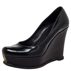 Pre Owned Fendi Black Leather Fendista Platform Wedge Pumps Size 38