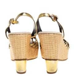 Pre Owned Fendi Gold Patent Leather Wedge Ankle Strap Sandals Size 39