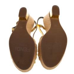 Pre Owned Fendi Gold Patent Leather Wedge Ankle Strap Sandals Size 39