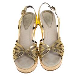 Pre Owned Fendi Gold Patent Leather Wedge Ankle Strap Sandals Size 39