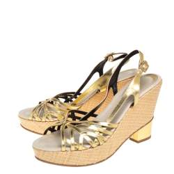 Pre Owned Fendi Gold Patent Leather Wedge Ankle Strap Sandals Size 39