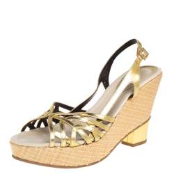 Pre Owned Fendi Gold Patent Leather Wedge Ankle Strap Sandals Size 39
