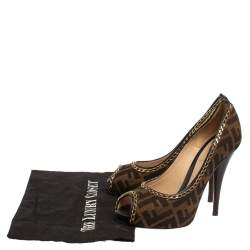 Pre Owned Fendi Tobacco Zucca Canvas Peep Toe Chain Embellished Trim Pumps Size 37