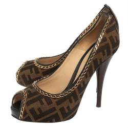Pre Owned Fendi Tobacco Zucca Canvas Peep Toe Chain Embellished Trim Pumps Size 37