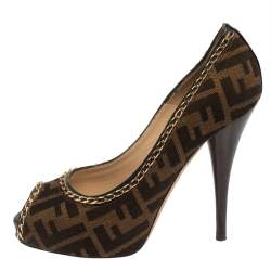 Pre Owned Fendi Tobacco Zucca Canvas Peep Toe Chain Embellished Trim Pumps Size 37