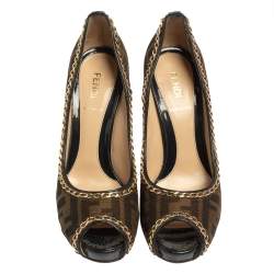 Pre Owned Fendi Tobacco Zucca Canvas Peep Toe Chain Embellished Trim Pumps Size 37