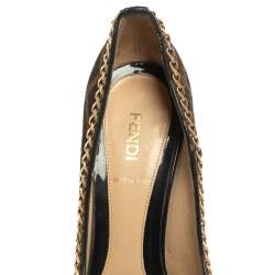Pre Owned Fendi Tobacco Zucca Canvas Peep Toe Chain Embellished Trim Pumps Size 37