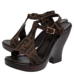 Pre Owned Fendi Brown Zucca Canvas Wedges Ankle Strap Sandals 37.5
