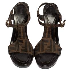 Pre Owned Fendi Brown Zucca Canvas Wedges Ankle Strap Sandals 37.5