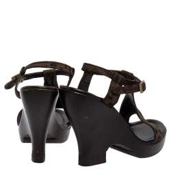 Pre Owned Fendi Brown Zucca Canvas Wedges Ankle Strap Sandals 37.5