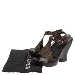 Pre Owned Fendi Brown Zucca Canvas Wedges Ankle Strap Sandals 37.5
