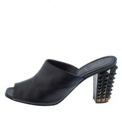 Pre Owned Fendi Black Leather Pyramid Stud Mules Sandals Size 38